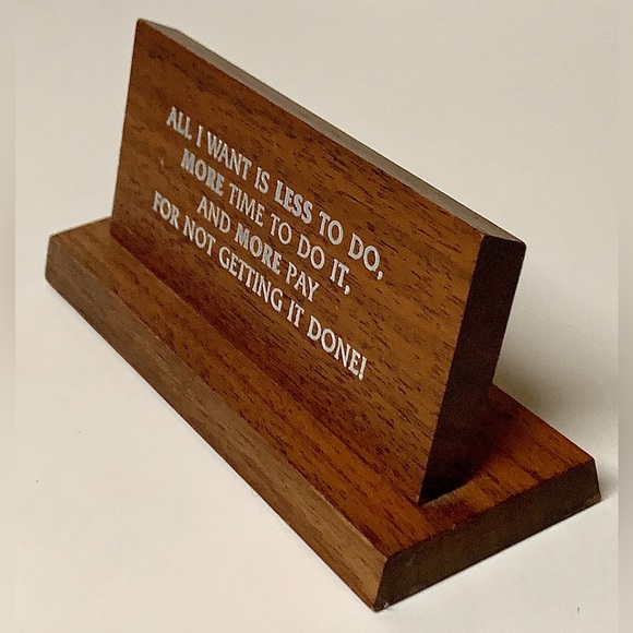 1970s Vintage Solid Walnut Wooden Work Office Desk Sign Plaque - Picture 11 of 16